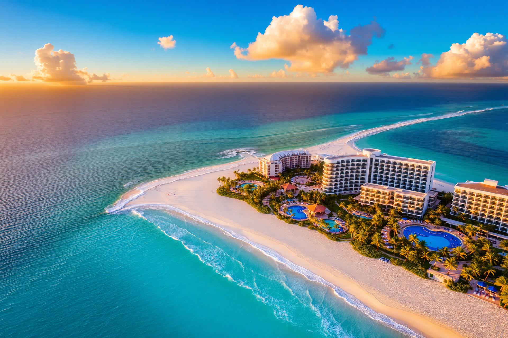 Aerial view of a luxury Cancun beachfront resort at sunset